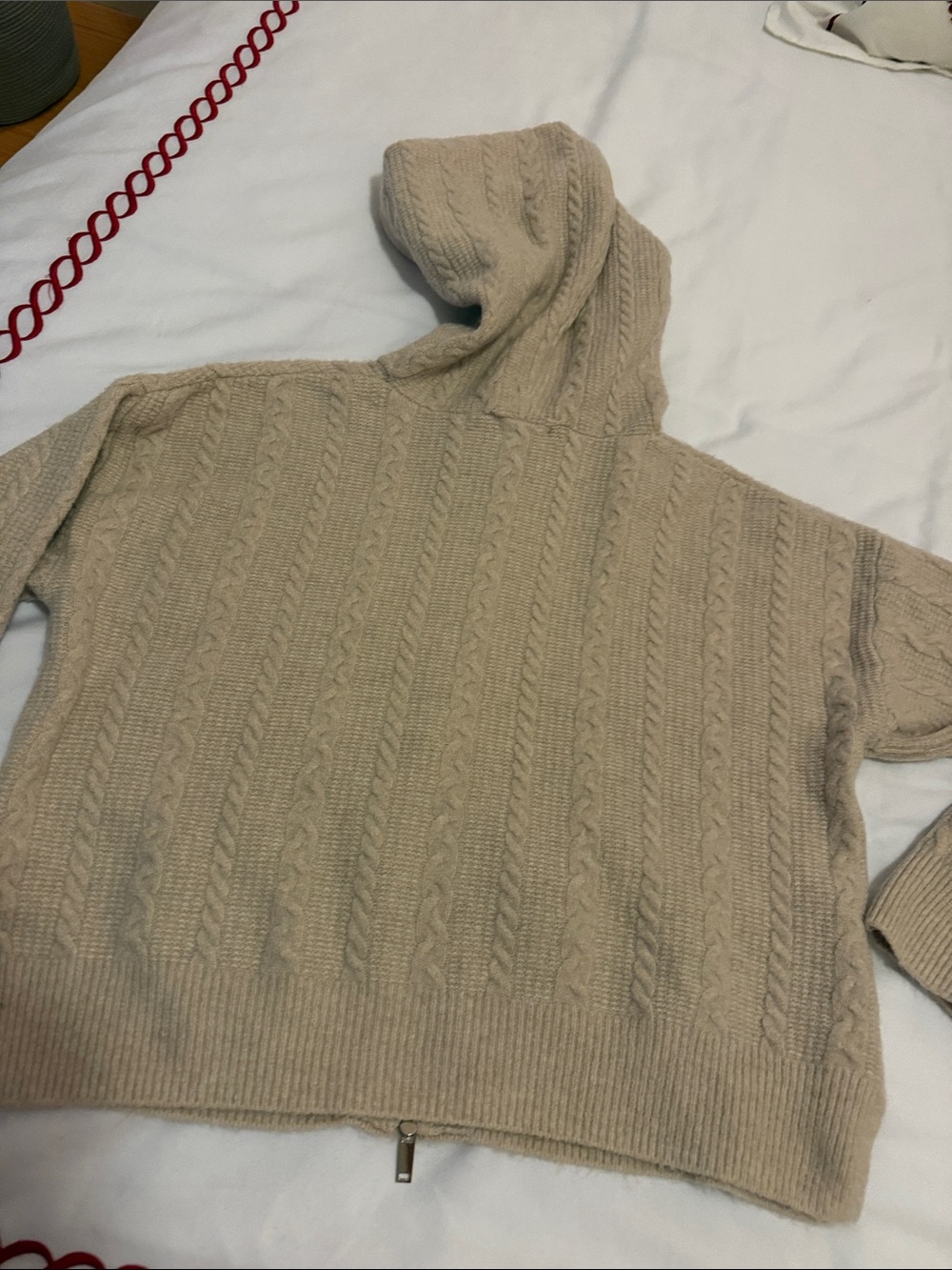 Pink Rose Cable Knit Hooded Zip Cardigan - Beige - Picture 7 of 7